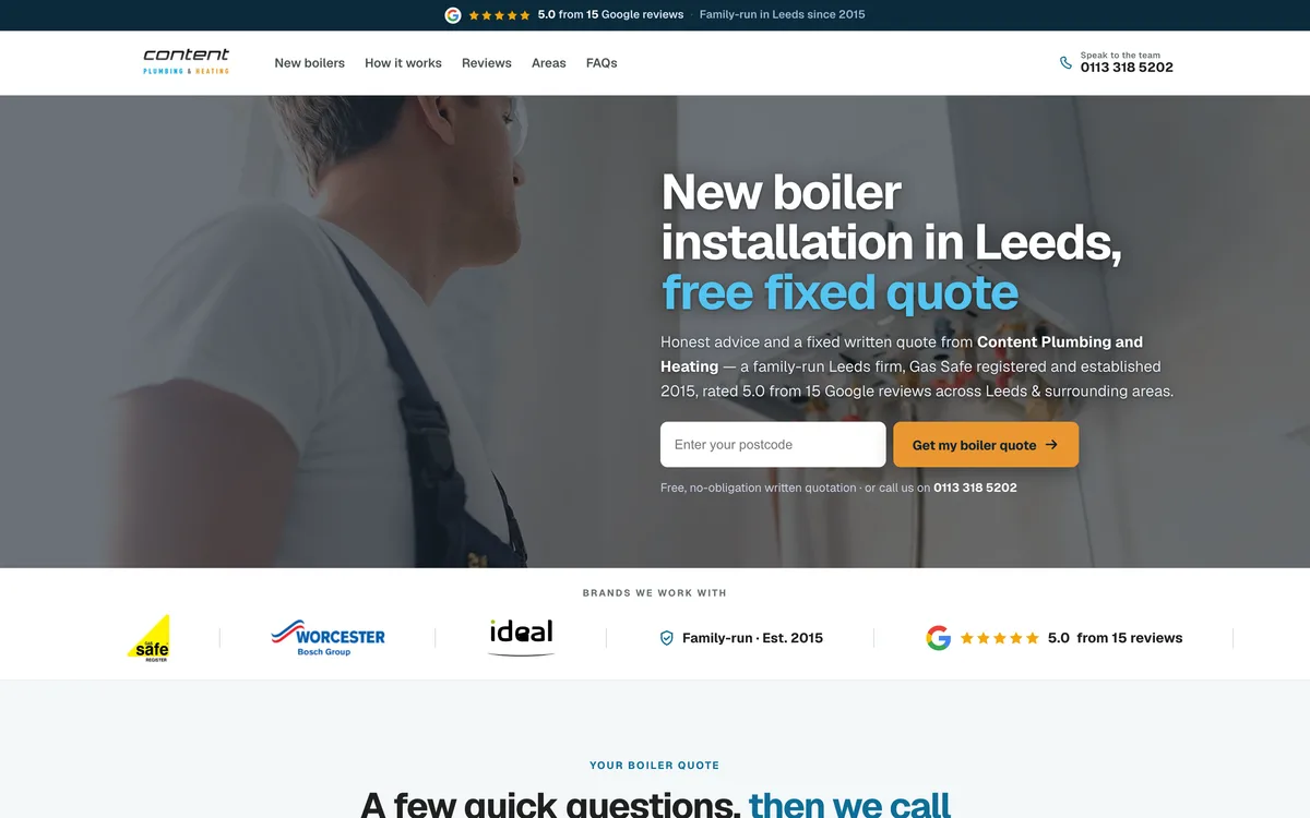 Boiler installation landing page built by Summit Leads