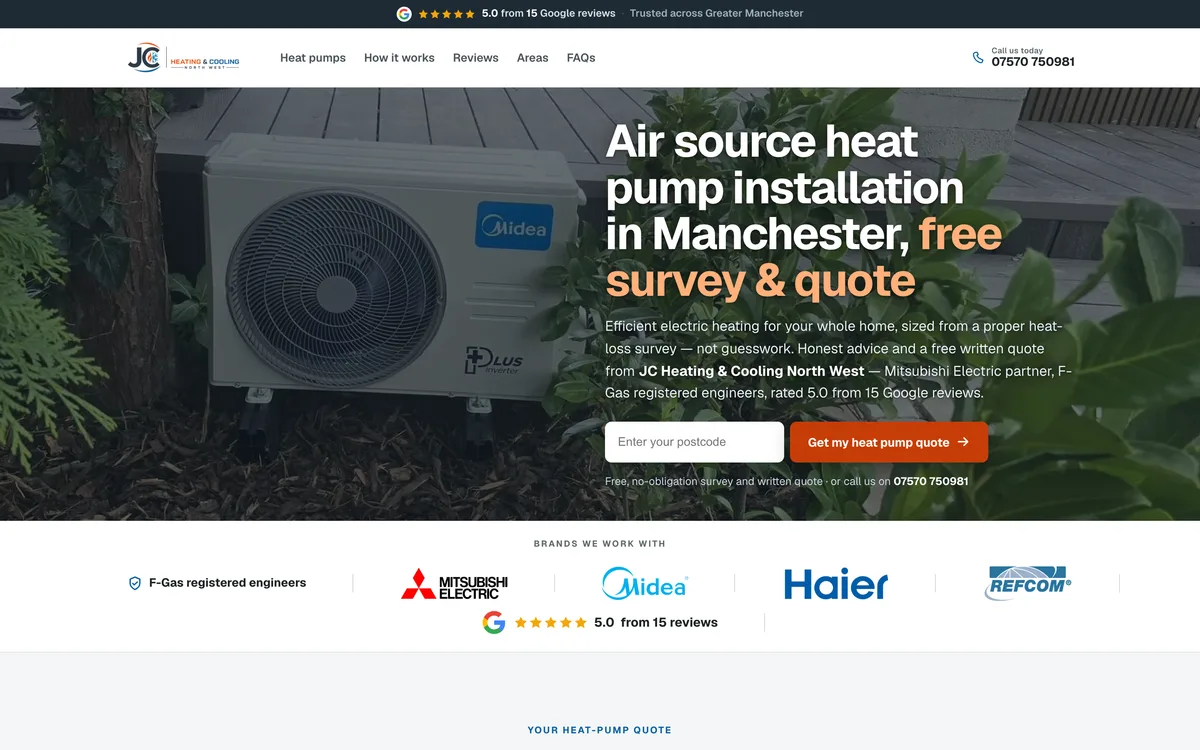 Heat pump landing page built by Summit Leads